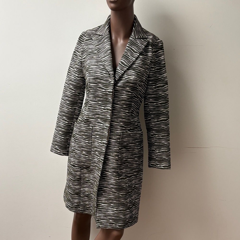 Judith and Charles long zebra striped coat jacket green white collar size 4